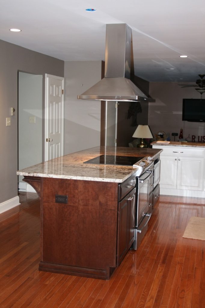 island of kitchen with hardwood floors